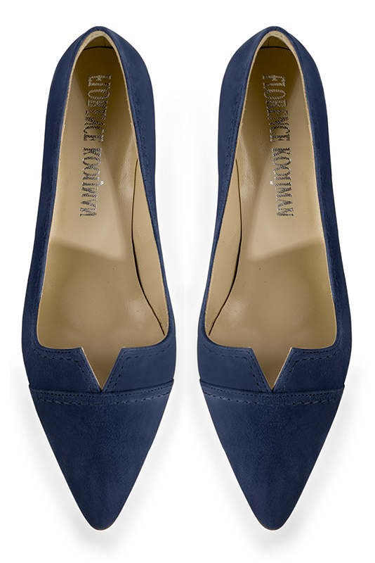 Denim blue women's dress pumps,with a square neckline. Tapered toe. Medium comma heels. Top view - Florence KOOIJMAN